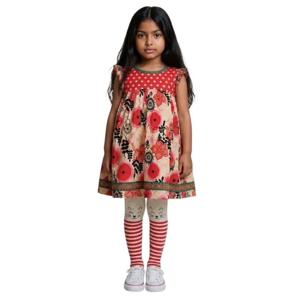 Matilda Jane Glad Tidings Girls Dress Size 4 Red Floral Cat Pattern Smock Tunic